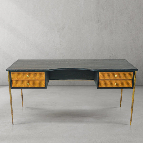Thades Retro Brass Iron Frame Rattan Desk